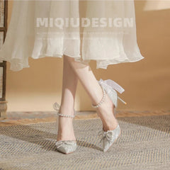 Bridal Wedding Pumps Shoes Women Pumps Crystal Bowknot Satin Sandals Summer Transparent Shoes High Heels Party Prom Shoes