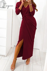 Ingvn - Elegant Solid Slit Fold V Neck Evening Dress Dresses(4 Colors)