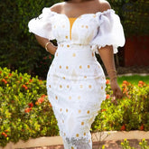 Ingvn - White Applique Lace Dress Chic Women Daisy Flower Off Shoulder Puff Sleeve Midi Dress Summer Party Birthday Wedding Guest Gown