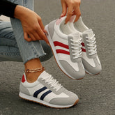 Women's Fashion Sneakers - Breathable & Lightweight, Lace-Up Casual Sneakers with Red & Blue Stripes, Comfortable Soft Sole