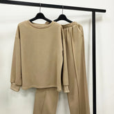 Trendy Solid Color Leisure Wear Set - Women's Clothing - Cozy Drop Shoulder Long Sleeve Sweatshirt and Loose Fit Sweatpants for Relaxed Style