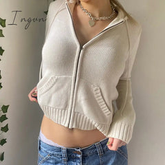 Ingvn - Women’s Full Zip Knit Hoodies Casual Sweaters Solid Color Long Sleeve Drawstring Sweatshirts Cardigan Zip-up Y2K Clothing