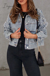 Ingvn - Casual Solid Beading Turndown Collar Long Sleeve Denim Jacket