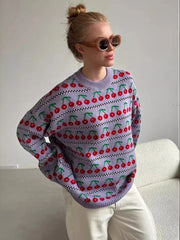 Ingvn Women's Round Neck Cherry Printed Sweater Autumn Winter New Mid Length Fashion Top Retro Knitted Sweater Pullover
