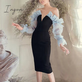 Ingvn - New Winter Women Long Sleeve V Neck Club Dress Sexy Ruffles Off Shoulder Lace Patchwork Celebrity Runway Party Dress