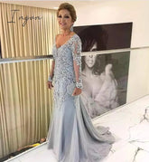 Ingvn - Elegant Silver Long Sleeves Mother Of The Bride Clothes V Neck Bride Patin Evening Dress Wedding Party Guest Clothes New