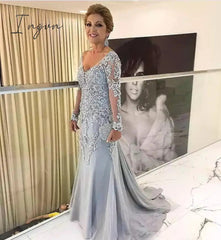 Ingvn - Elegant Silver Long Sleeves Mother Of The Bride Clothes V Neck Bride Patin Evening Dress Wedding Party Guest Clothes New