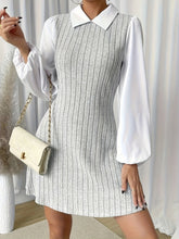 Casual A-Shaped Knitted Color Stitching Lantern Sleeve Dress with Lapel Back Keyhole, Women's Clothing