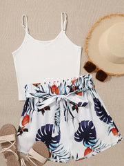 Lightweight Womens Vacation Shorts Outfit Set - Sleeveless V-Neck Cami Top with Vibrant Plants Print & Belted Paperbag Waist Loose Shorts - Effortless Summer Style Two-Piece Ensemble