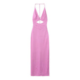 Summer Women Side Slit Front Hollow Out Satin Halter Long Dresses Sexy Backless Party Vestidos