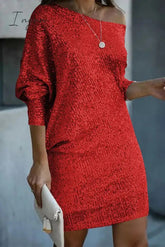 Ingvn - Elegant Solid Sequins Oblique Collar A Line Dresses