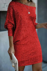 Ingvn - Elegant Solid Sequins Oblique Collar A Line Dresses