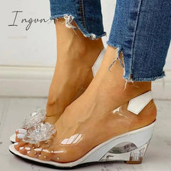 Ingvn - Studded Flower Design Transparent Wedge Sandals