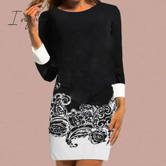 Ingvn - Autumn Women Elegant Floral Print Patchwork Dress Casual Long Sleeve Straight Dresses Female Long Sleeve Loose Vintage Vestidos