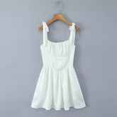 4 Color Sexy Spaghetti Straps Mini Dress Women Low Waist A-line Holiday Summer Party Dresses French Style Lace Up Robe