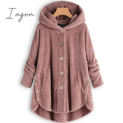 Ingvn - Women's Fleece Jacket Pullover Sherpa Fleece Teddy Button Front Pocket claret turmeric Black Solid Color Street Hoodie Plus Size Long Sleeve Fleece