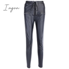 Ingvn - Leather Pant Faux PU Pencil Pant Lace Up High Waist Bandage Slim Skinny Zipper Streetwear Autumn Casual Trousers Women