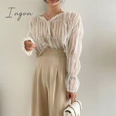 Ingvn - Korean Fashion Pleated Casual Blouse Women Summer New Loose Folds Perspective Chiffon Shirt Long Sleeve Tops Blusas Mujer 15624
