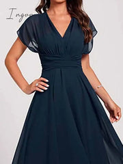 Ingvn - Women‘s Wedding Guest Dress Swing Dress Semi Formal Dress Midi Dress Blue Short Sleeve Pure Color Mesh Summer Spring Fall V Neck Wedding Guest Vacation Spring Dress S M L XL 2XL 3XL