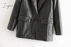 Ingvn - Women Fashion Faux Leather Pockets Loose Blazer Coat Vintage Long Sleeve Back Vents Female Outerwear Chic Tops