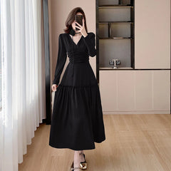 Autumn New Elegant Chic Satin Midi Dresses for Women Fashion V-neck Long Sleeve Pleated Ruffles Prom Party Female Clothing