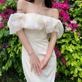 Ingvn - Vinatge Elegant Apricot Dress Women Slash Neck Mesh Patchwork Puff Short Sleeve Off Shoulder Dresses Bodycon Vestido