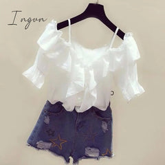 Ingvn - Ruffle Youth Elegant Blouses Tops Women Fashion Low Cut Blouse Summer Chiffon Shirt Pretty Bebeautiful Clothes