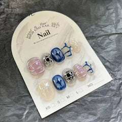 10PCS Wearable Handmade Press On Nails Blue y2k Designed Fake Nail Reusable Artificial Manicuree Art Nail Tips For Girls