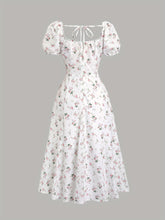Elegant White Floral Print Midi Dress with Puff Sleeves & Tie-Back Detail - Square Neck, Non-Sheer Polyester for Women - Perfect for Spring, Summer & All Seasons, Formal Wear | Puff Sleeves Dress | Polyester Fabric