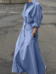Ingvn - 2023 Fashion Female A Line Robe Solid Lapel Vestidos Women Casual Long Sleeve Dresses Elegant Maxi Shirt Dress Oversized