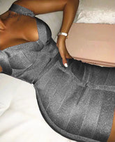 Ingvn - Ladies Sexy V Neck Backless Purple Shining Women Bandage Dress Designer Fashion Sparkly Party Dress Vestido
