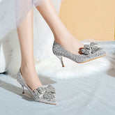 Pointed Toe Crystal Bowtie Pumps Women Thin Heels Silver Sequins Party Shoes Woman Slip On High Heels Wedding Shoes
