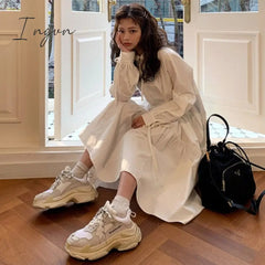 Ingvn - Women Dress Long Sleeve Spring Autumn Vintage Designer Collar Lapel Button Up Ruched Ruffles Cotton White Dresses Female Clothes