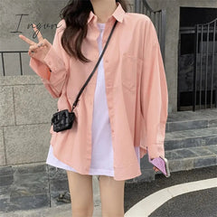Ingvn - Prink Shirt for Women 2023 New Long Sleeve Turn Down Collar Oversized Blouses Office Ladies Korean Fashion Casual Top