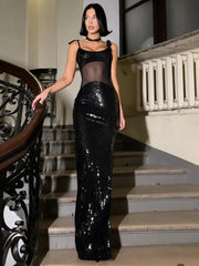 Sheer Mesh Spaghetti Strap Sexy Maxi Dress For Women Gown Glitter Sleeveless Backless High Waist Bodycon Club Dress