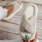 Cozy Chic Plush Platform Slippers - Easy Slip-On, Cross-Strap Design, Solid Color Comfort for Stylish Indoor Use