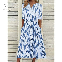 Ingvn - Women's Casual Dress Shift Dress Midi Dress White Blue Half Sleeve Leaf Print Summer Spring V Neck Classic Vacation 2023 S M L XL XXL 3XL