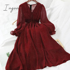 Ingvn - New Autumn V Neck Polka Dot Slim Chiffon Dress Button Puff Sleeve High Waist Elegant Women Mid-calf Dress