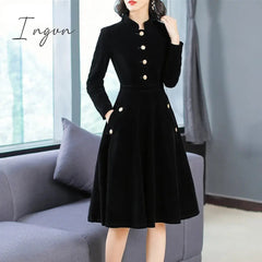 Ingvn - New Autumn And Winter Women European And American Hepburn Style Dress Black Thin Retro Velvet Collar