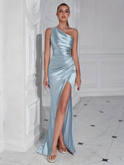One Shoulder Split Thigh Ruched Dress, Elegant Sleeveless Dress For Party & Banquet, Women's Clothing Wedding/Evening dress/Occasion/Engagement/Ceremony
