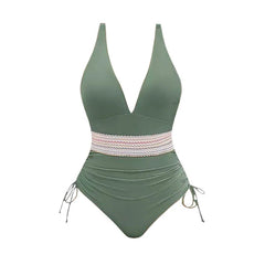 2025 Women's Swimsuit Zigzag Print Contrast Color Plunging Neck Cinched One-piece Swimsuit Beach Swimwear