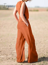 Ingvn - Summer Outfits Casual Summer Women Set Vintage Sleeveless Blouse O-Neck Top + Straight Wide Leg Pants Suit Two Piece Solid Color Sets
