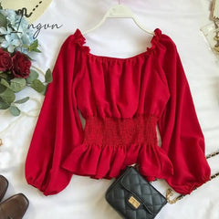 Ingvn - Youth Elegant Blouse Women Chiffon Fashion Blouse Off Shoulder White Shirt Ruffle Puff Sleeve Top Office wear