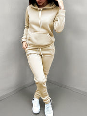 Casual Solid Two-piece Set, Kangaroo Pocket Hoodie & Drawstring Pants Outfits, Women's Clothing