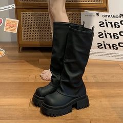 Ingvn Winter Punk Style Women Knee High Boots Fashion Slip On Knight Long Booties Ladies Platform Thick Heels Botas Mujer