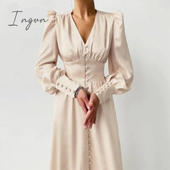 Ingvn - Elegant spring satin bishop sleeve a-line dress women V-neck high waist button dress solid Vintage long dresses chic