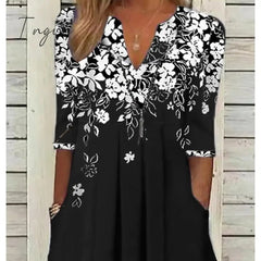 Ingvn - Women's Casual Dress T Shirt Dress Tee Dress Shift Dress Midi Dress Black Wine Blue Half Sleeve Floral Patchwork Summer Spring Crew Neck Fashion 2023 S M L XL 2XL 3XL