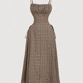 Vintage Beige Plaid Midi Dress for Women with Front Right Side Ruched Tie Detail - Sleeveless, Polyester, Machine Washable - Ideal for Spring/Summer/Fall