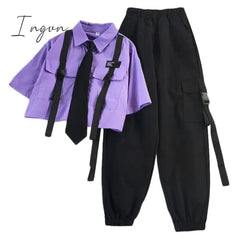 Ingvn - Spring Womens Fashion Autumn Streetwear Pants High-Waist Straight Ribbon Cargo Pants Student Loose Short-Sleeved Shirt with Tie two-piece Set