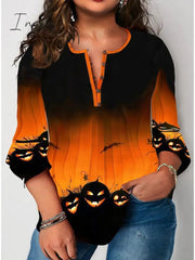 Ingvn - Women's Shirt Blouse Halloween Shirt Yellow Blue Purple Pumpkin Print 3/4 Length Sleeve Halloween Daily Streetwear Crew Neck Regular Fit Fall Winter